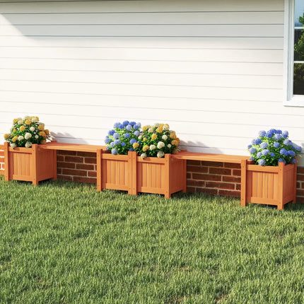 3-in-1 Outdoor Planter Box with Bench 2-Person Outdoor Bench with 2 Side Garden Beds-Orange - Orange - Raised Garden