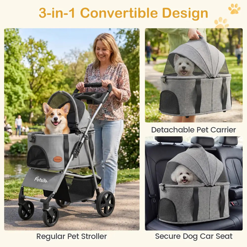 3-in-1 Pet Stroller for Small Medium Dogs Foldable with Detachable Carrier-Gray - Gray - Dog Supplies