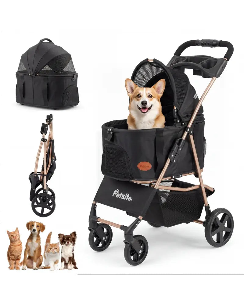 3-in-1 Pet Stroller for Small Medium Dogs Foldable with Detachable Carrier-Black - Black - Dog Supplies