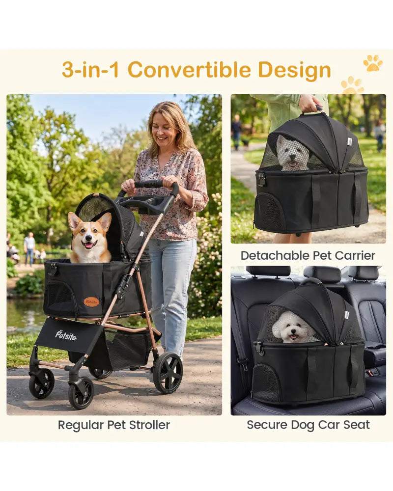 3-in-1 Pet Stroller for Small Medium Dogs Foldable with Detachable Carrier-Black - Black - Dog Supplies