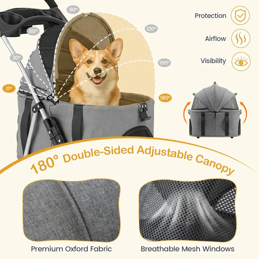 3-in-1 Pet Stroller for Small Medium Dogs Foldable with Detachable Carrier-Gray - Gray - Dog Supplies