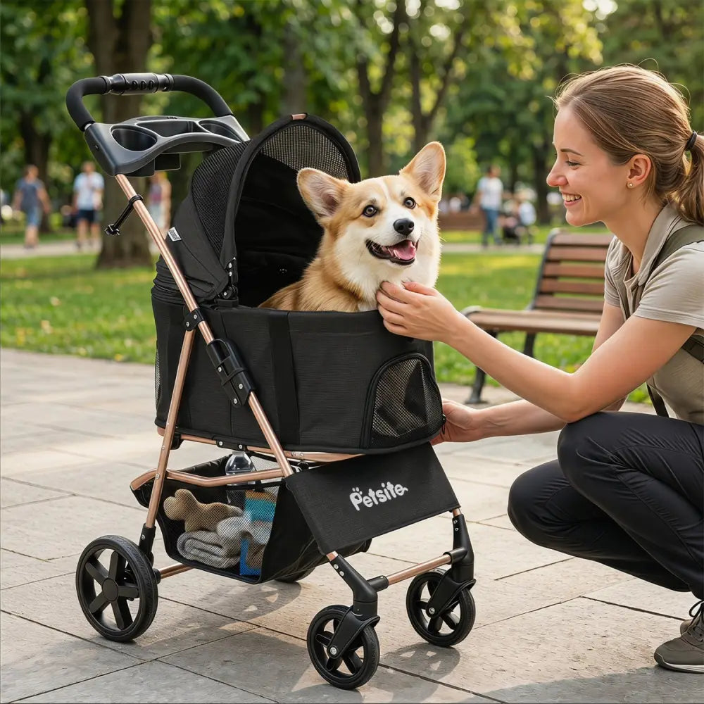 3-in-1 Pet Stroller for Small Medium Dogs Foldable with Detachable Carrier-Black - Black - Dog Supplies