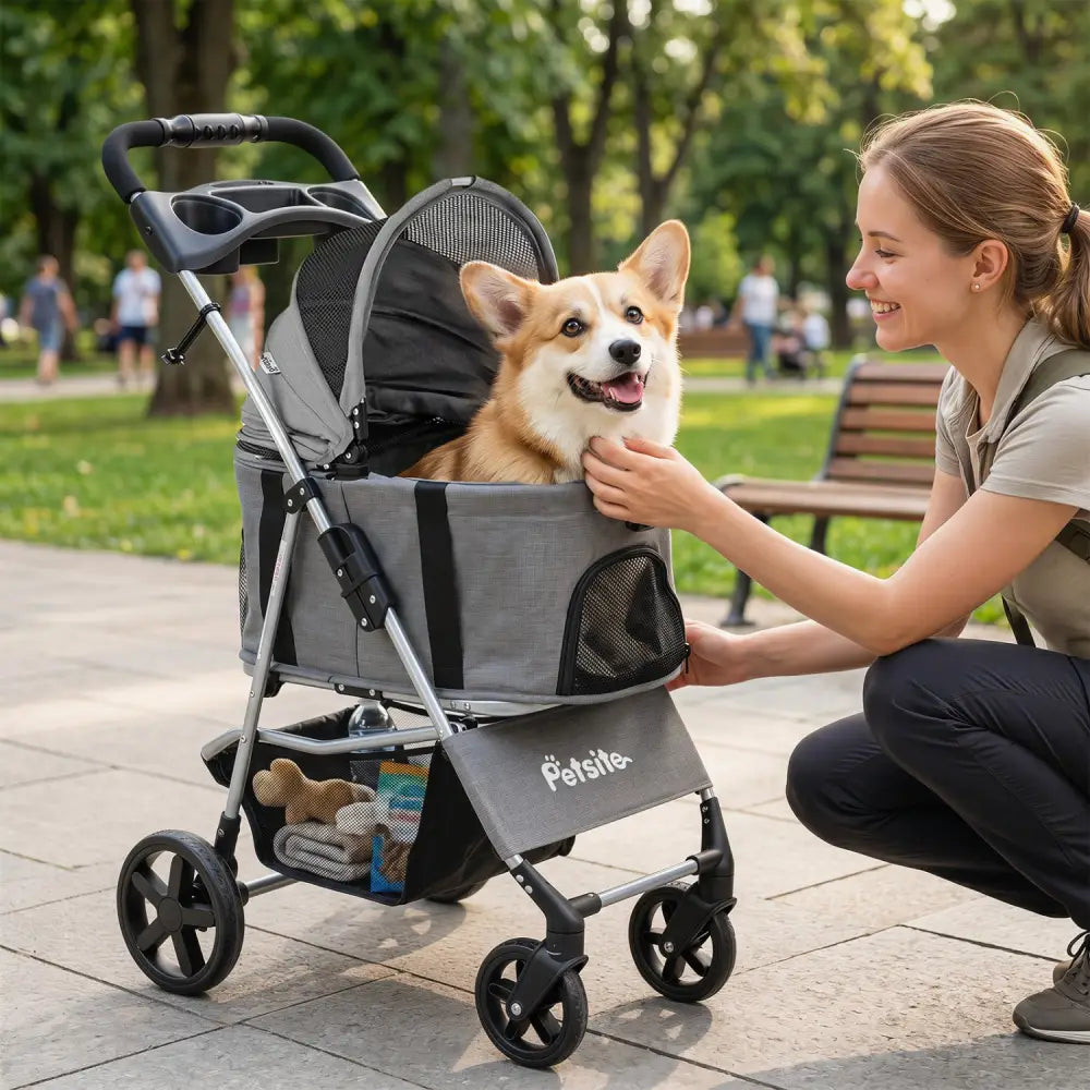 3-in-1 Pet Stroller for Small Medium Dogs Foldable with Detachable Carrier-Gray - Gray - Dog Supplies
