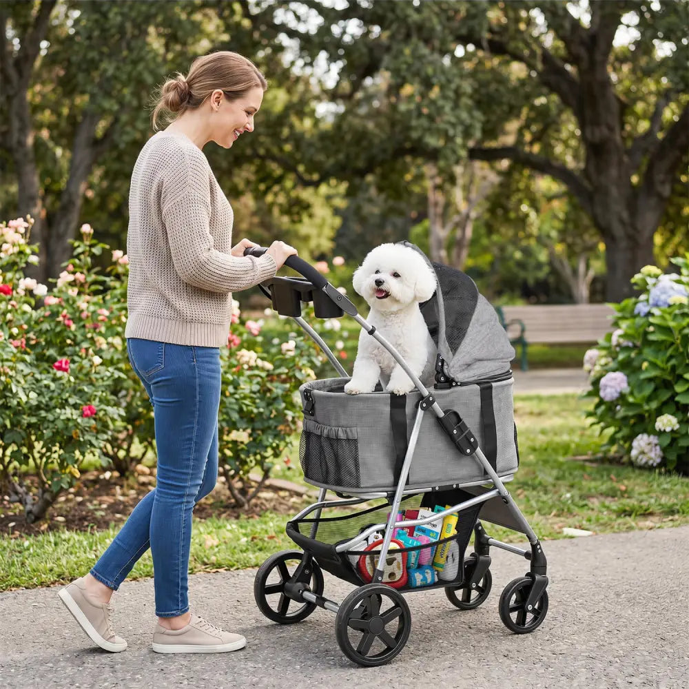 3-in-1 Pet Stroller for Small Medium Dogs Foldable with Detachable Carrier-Gray - Gray - Dog Supplies