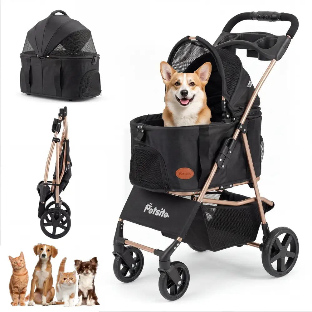 3-in-1 Pet Stroller for Small Medium Dogs Foldable with Detachable Carrier-Black - Black - Dog Supplies