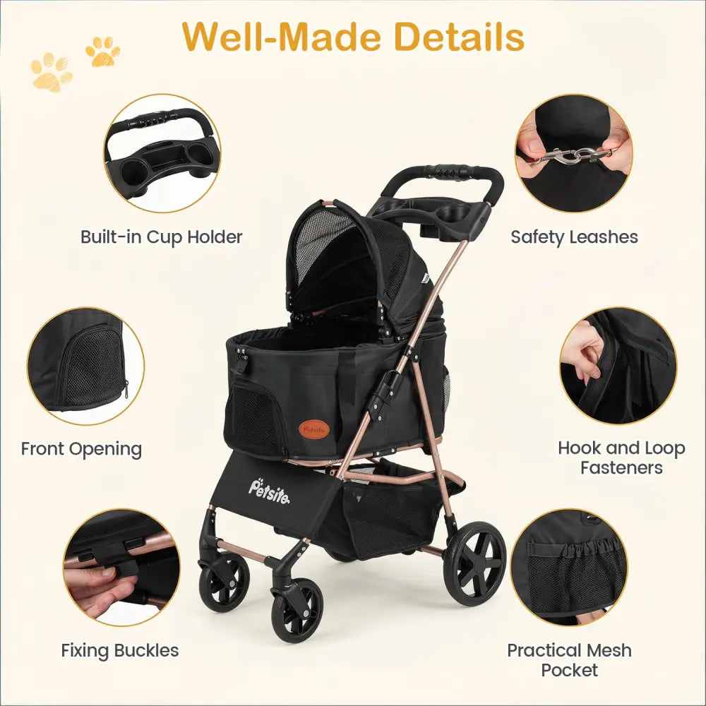 3-in-1 Pet Stroller for Small Medium Dogs Foldable with Detachable Carrier-Black - Black - Dog Supplies