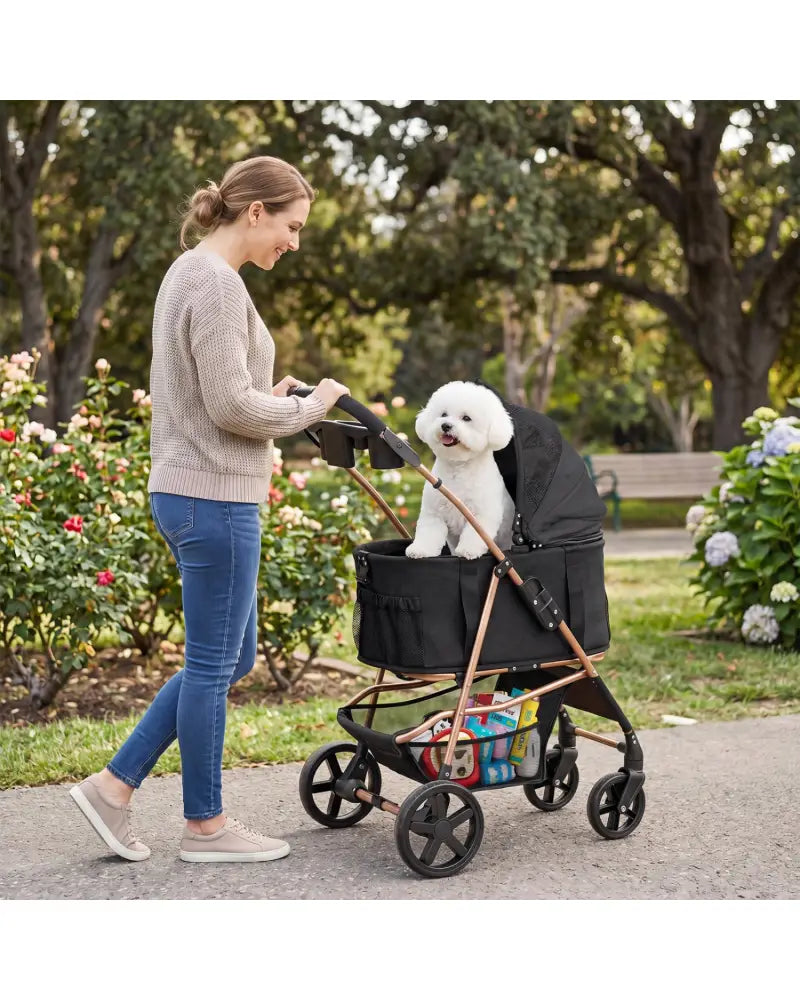 3-in-1 Pet Stroller for Small Medium Dogs Foldable with Detachable Carrier-Black - Black - Dog Supplies