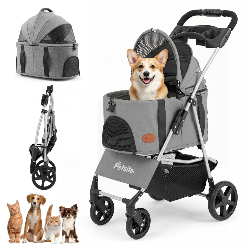 3-in-1 Pet Stroller for Small Medium Dogs Foldable with Detachable Carrier-Gray - Gray - Dog Supplies