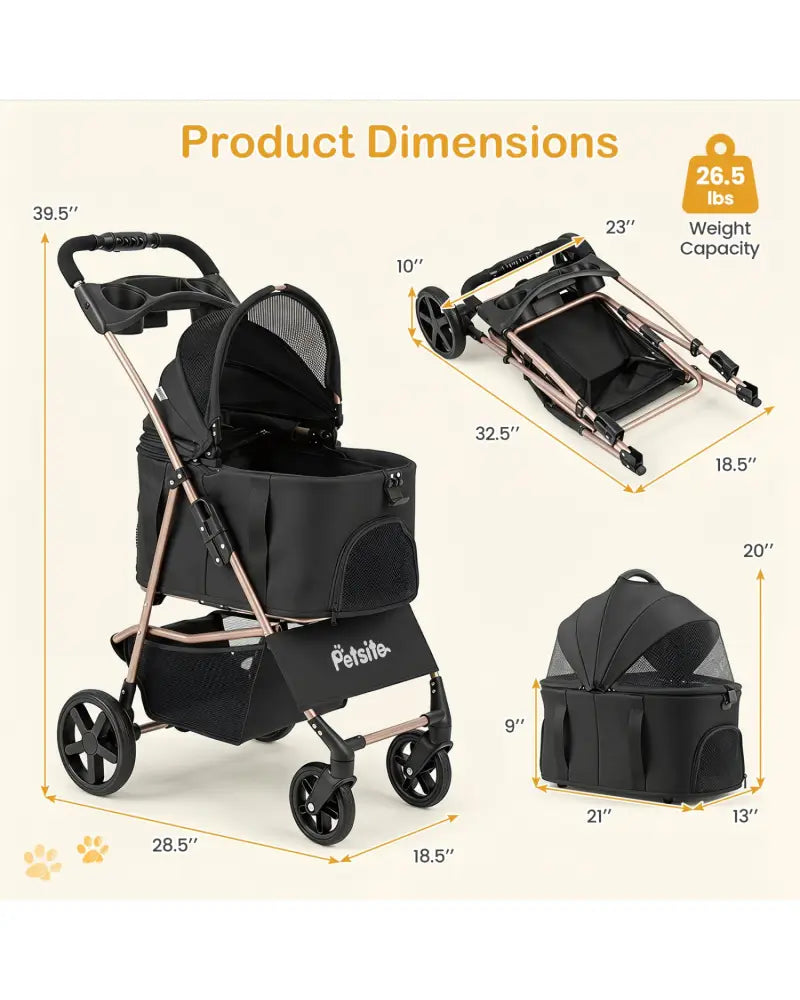 3-in-1 Pet Stroller for Small Medium Dogs Foldable with Detachable Carrier-Black - Black - Dog Supplies