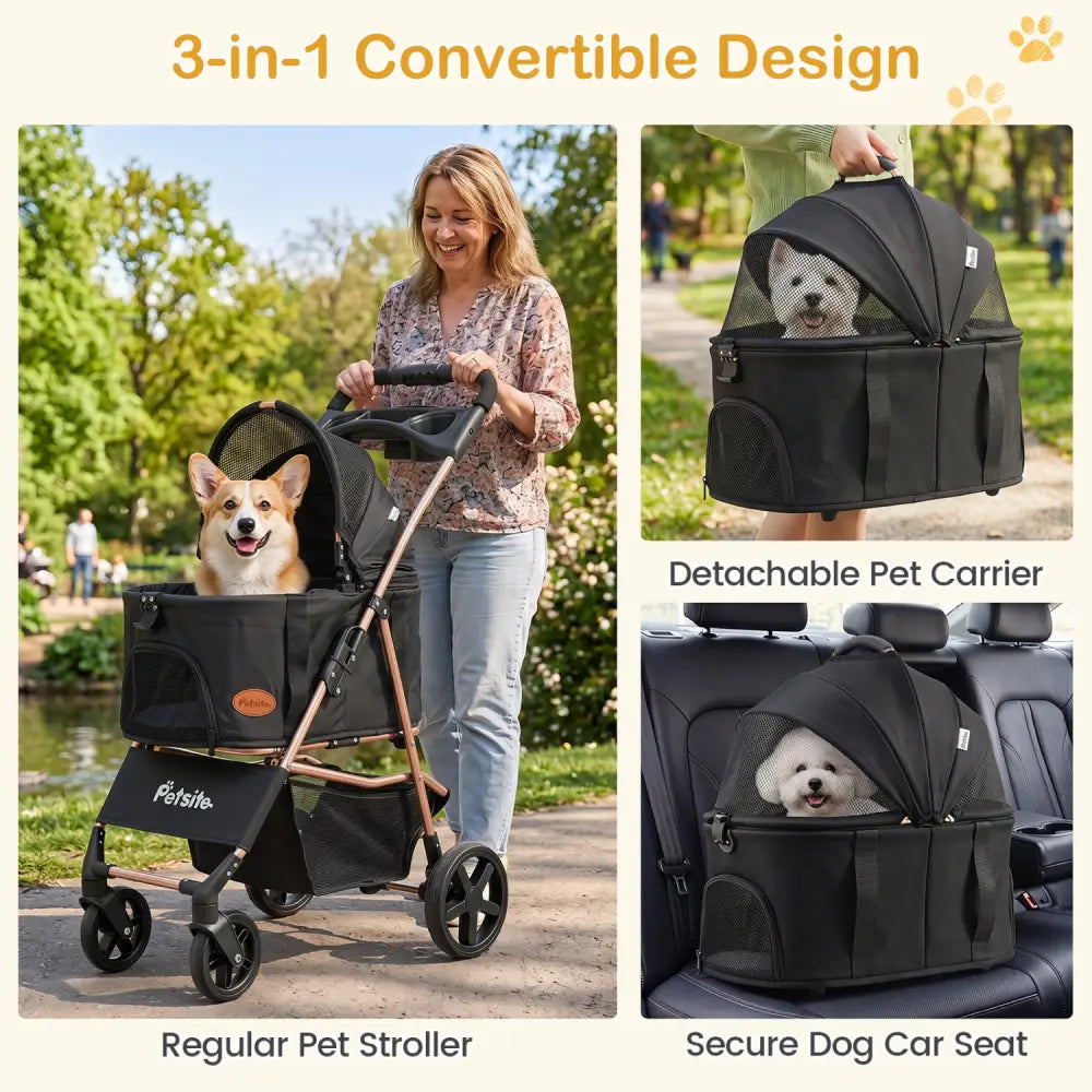 3-in-1 Pet Stroller for Small Medium Dogs Foldable with Detachable Carrier-Black - Black - Dog Supplies