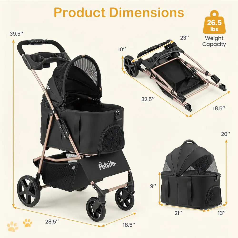 3-in-1 Pet Stroller for Small Medium Dogs Foldable with Detachable Carrier-Black - Black - Dog Supplies