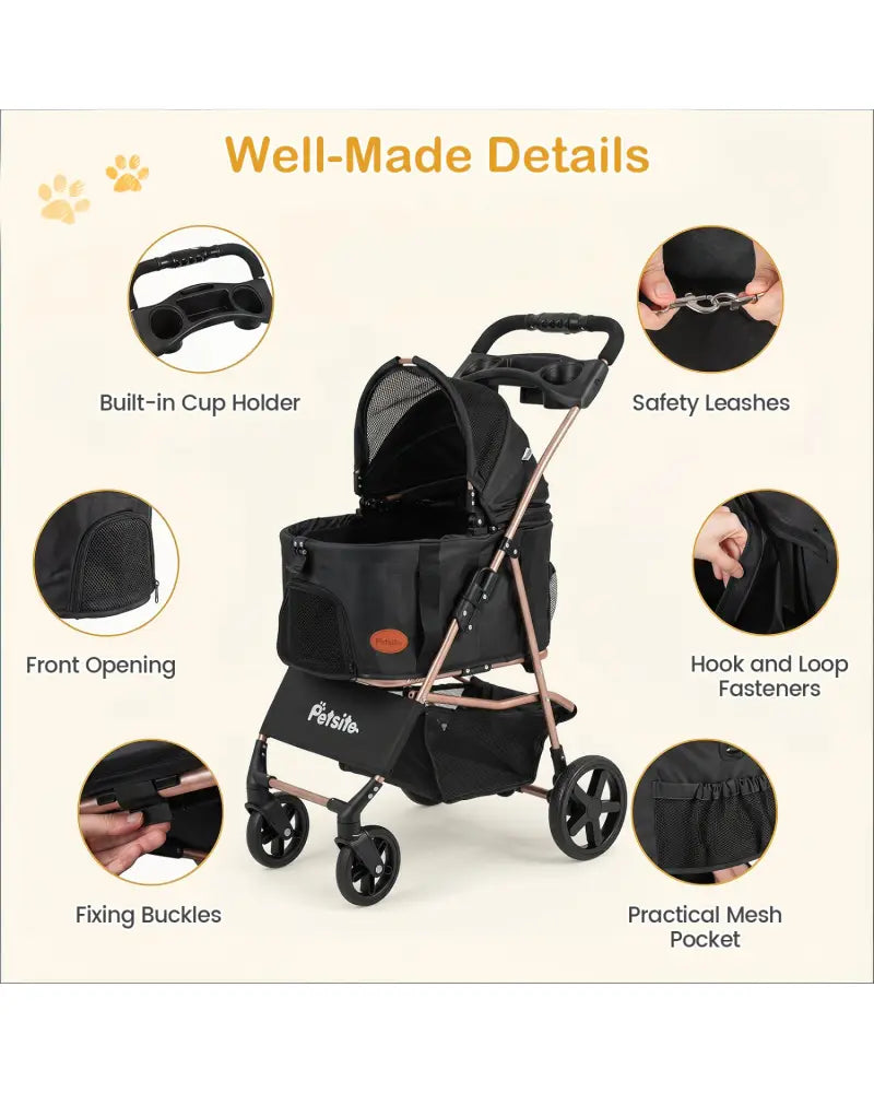 3-in-1 Pet Stroller for Small Medium Dogs Foldable with Detachable Carrier-Black - Black - Dog Supplies