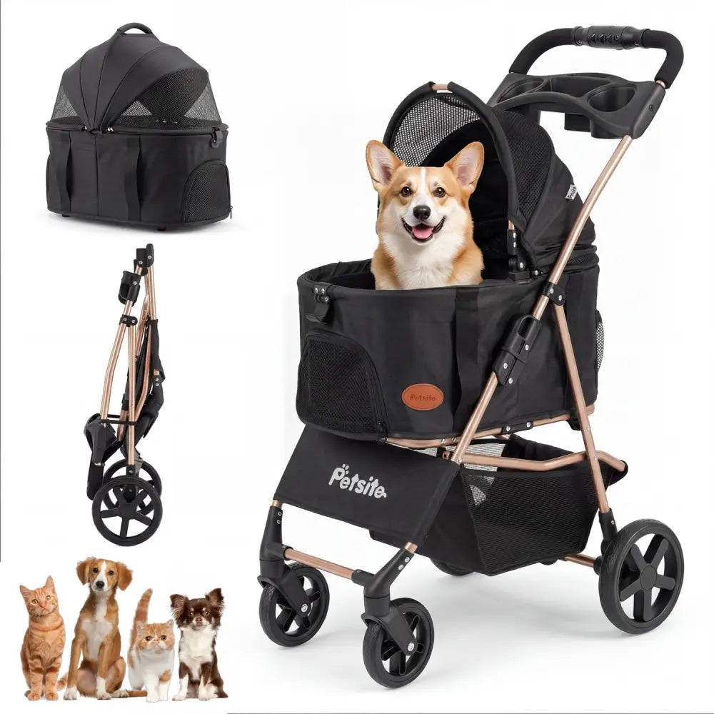 3-in-1 Pet Stroller for Small Medium Dogs Foldable with Detachable Carrier-Black - Black - Dog Supplies