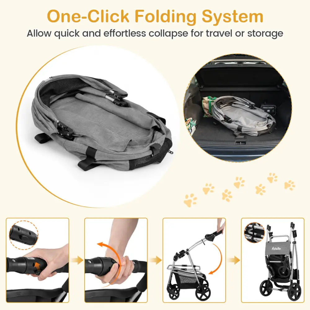 3-in-1 Pet Stroller for Small Medium Dogs Foldable with Detachable Carrier-Gray - Gray - Dog Supplies