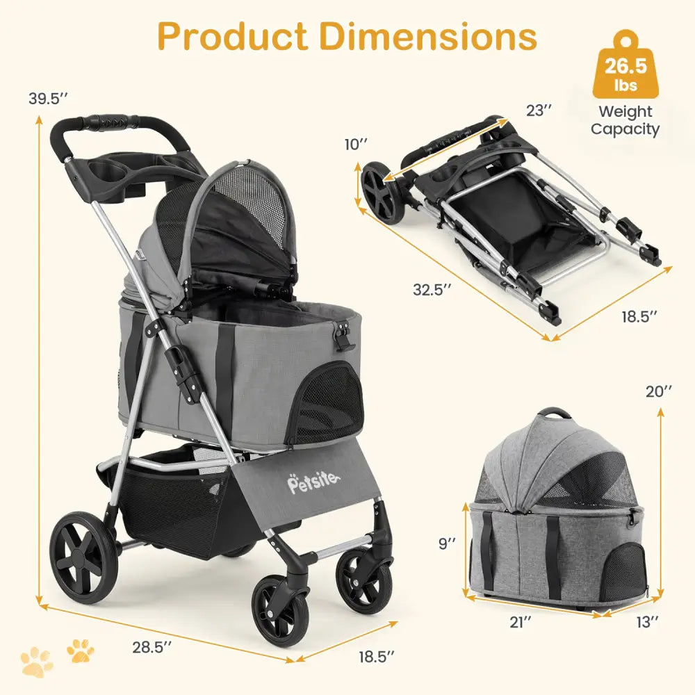 3-in-1 Pet Stroller for Small Medium Dogs Foldable with Detachable Carrier-Gray - Gray - Dog Supplies