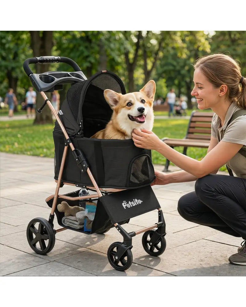 3-in-1 Pet Stroller for Small Medium Dogs Foldable with Detachable Carrier-Black - Black - Dog Supplies