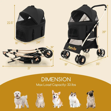 3 - In - 1 Pet Stroller with Removable Car Seat Carrier - Black - Oasis Home Essentials