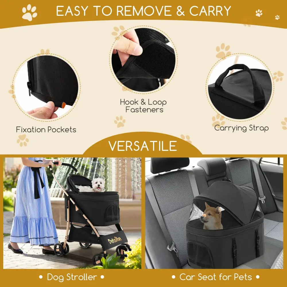 3-In-1 Pet Stroller with Removable Car Seat Carrier-Black - Black - Dog Supplies