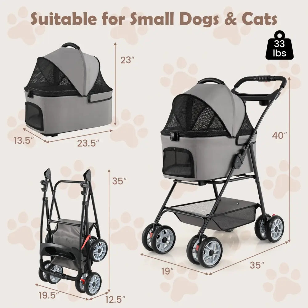 3 in 1 Pet Stroller with Removable Carrier up to 33 lbs-Gray - Gray - Dog Supplies