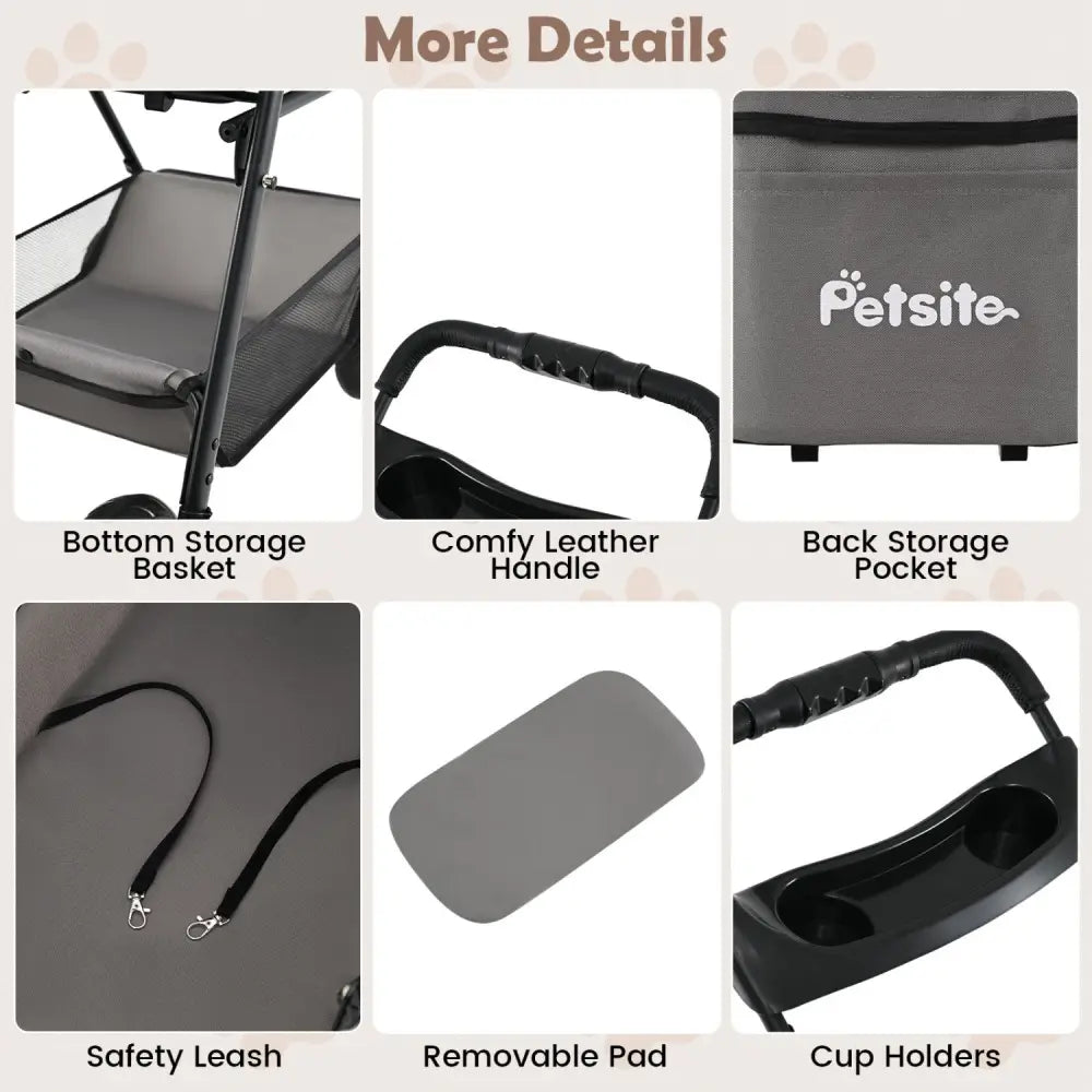 3 in 1 Pet Stroller with Removable Carrier up to 33 lbs-Gray - Gray - Dog Supplies