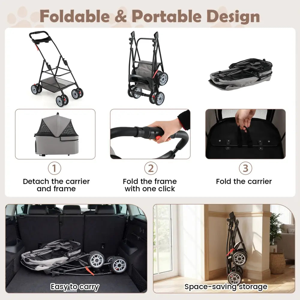 3 in 1 Pet Stroller with Removable Carrier up to 33 lbs-Gray - Gray - Dog Supplies