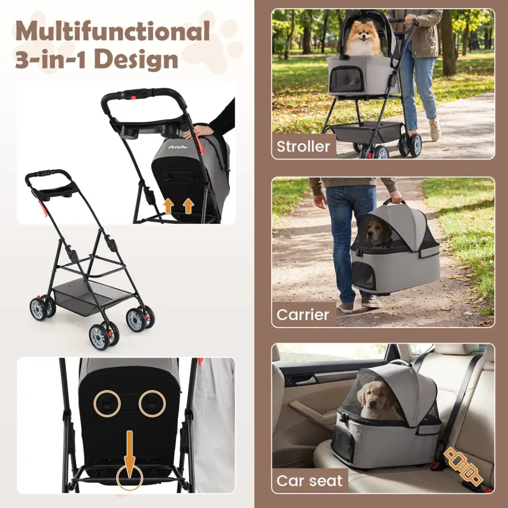 3 in 1 Pet Stroller with Removable Carrier up to 33 lbs-Gray - Gray - Dog Supplies
