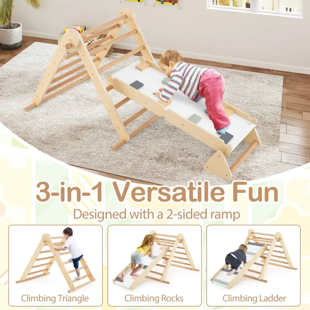3-in-1 Pikler Triangle Climbing Set Kids Foldable Montessori Toys with Ramp-Natural - Natural - Climbers & Slides