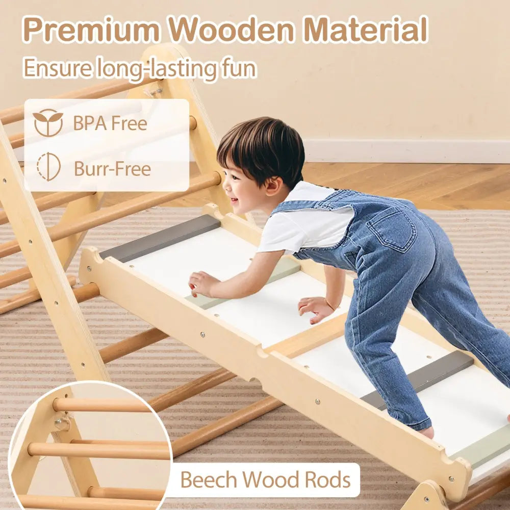 3-in-1 Pikler Triangle Climbing Set Kids Foldable Montessori Toys with Ramp-Natural - Natural - Climbers & Slides