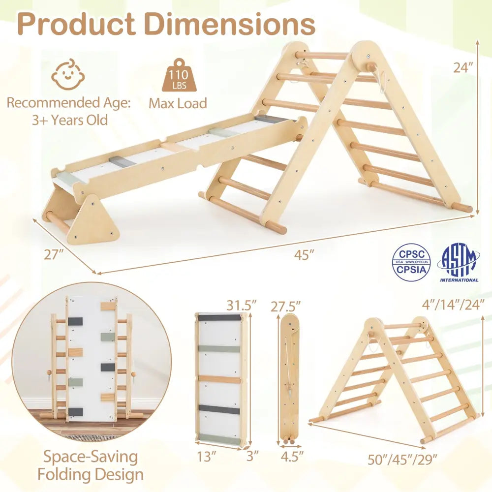 3-in-1 Pikler Triangle Climbing Set Kids Foldable Montessori Toys with Ramp-Natural - Natural - Climbers & Slides
