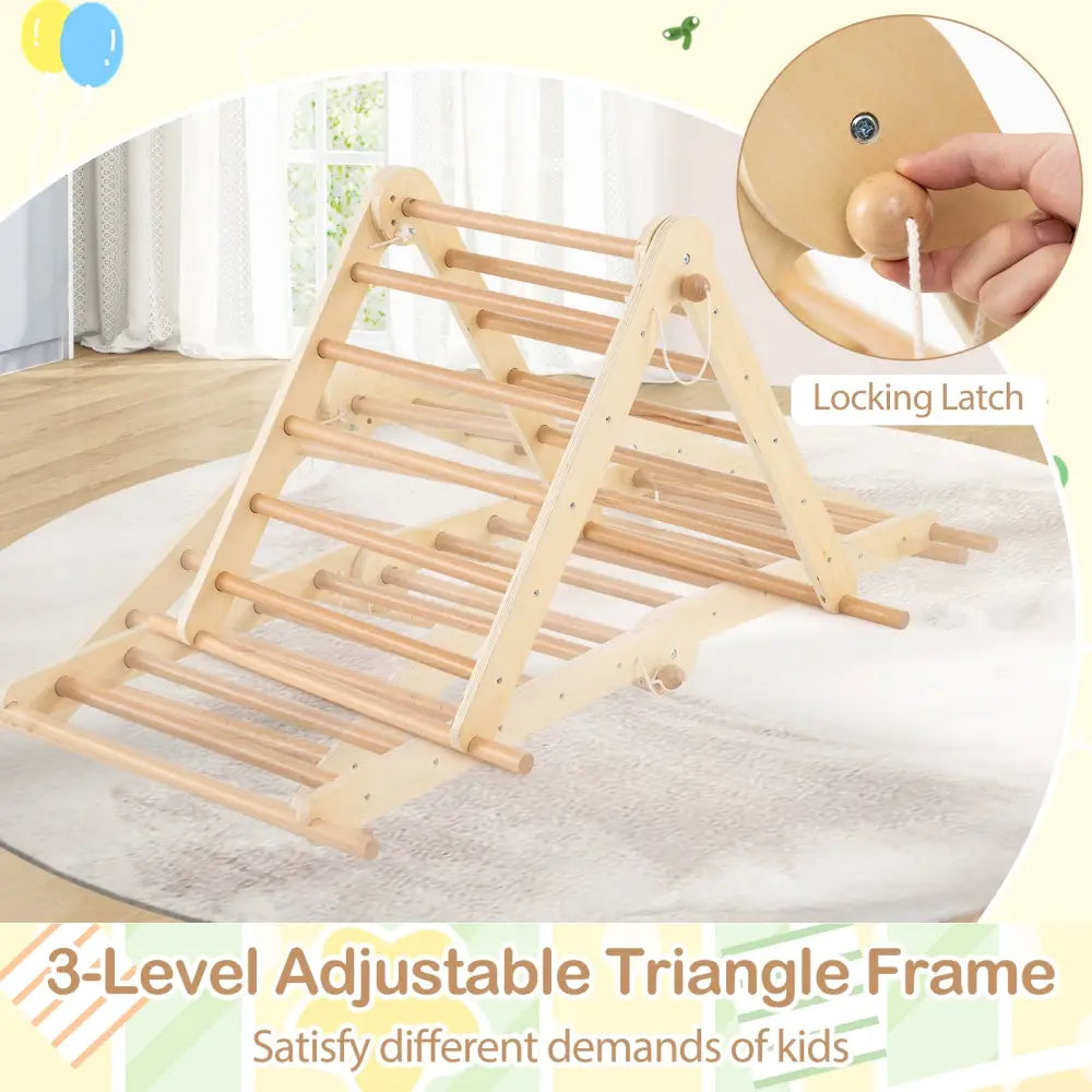 3-in-1 Pikler Triangle Climbing Set Kids Foldable Montessori Toys with Ramp-Natural - Natural - Climbers & Slides