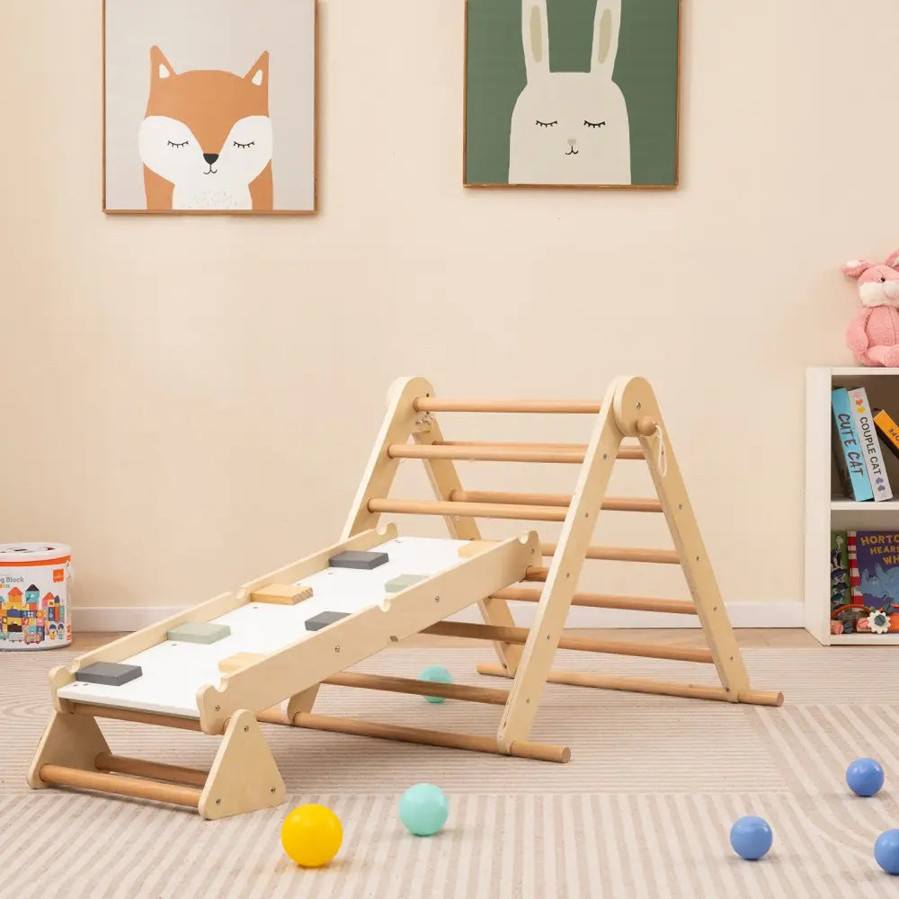 3-in-1 Pikler Triangle Climbing Set Kids Foldable Montessori Toys with Ramp-Natural - Natural - Climbers & Slides