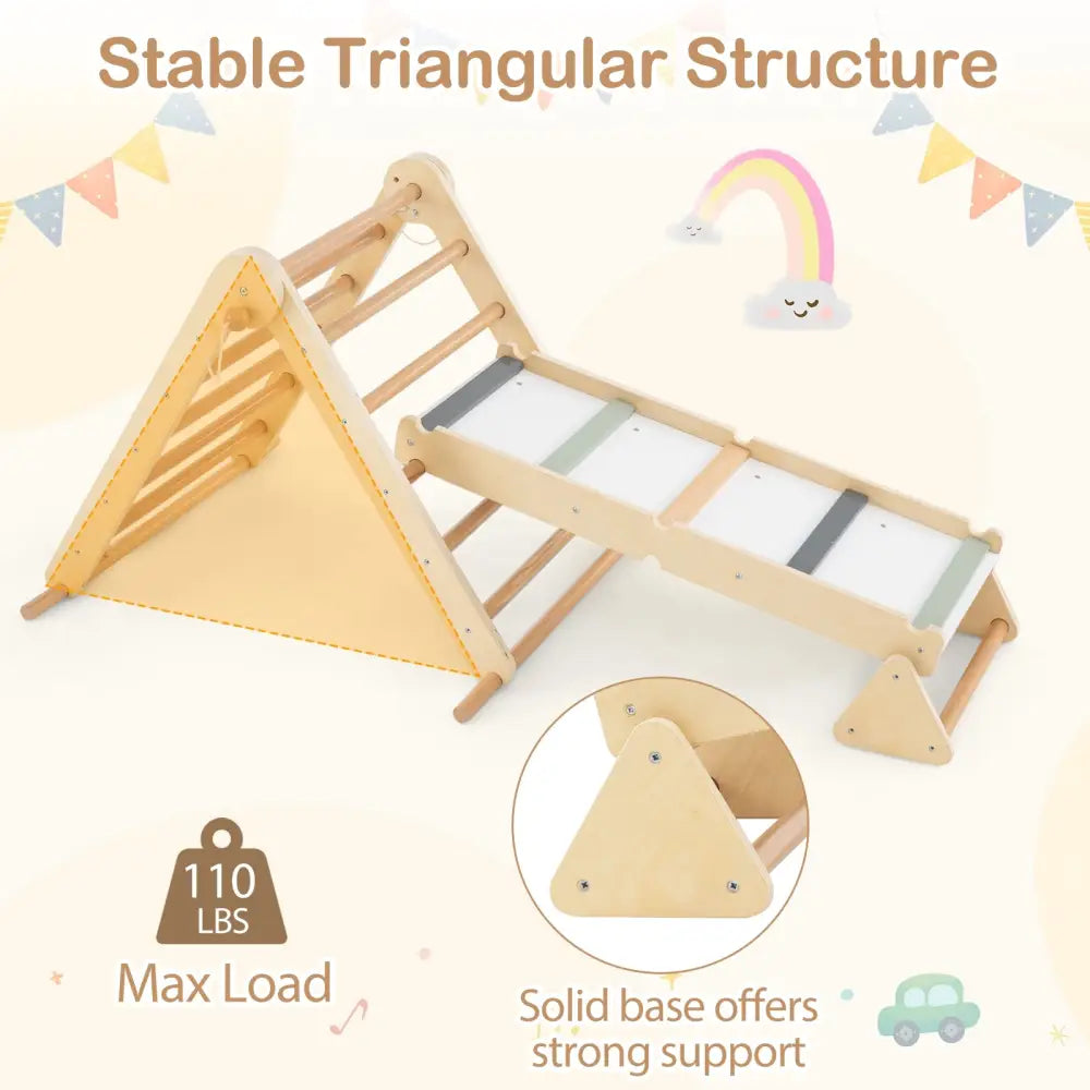 3-in-1 Pikler Triangle Climbing Set Kids Foldable Montessori Toys with Ramp-Natural - Natural - Climbers & Slides