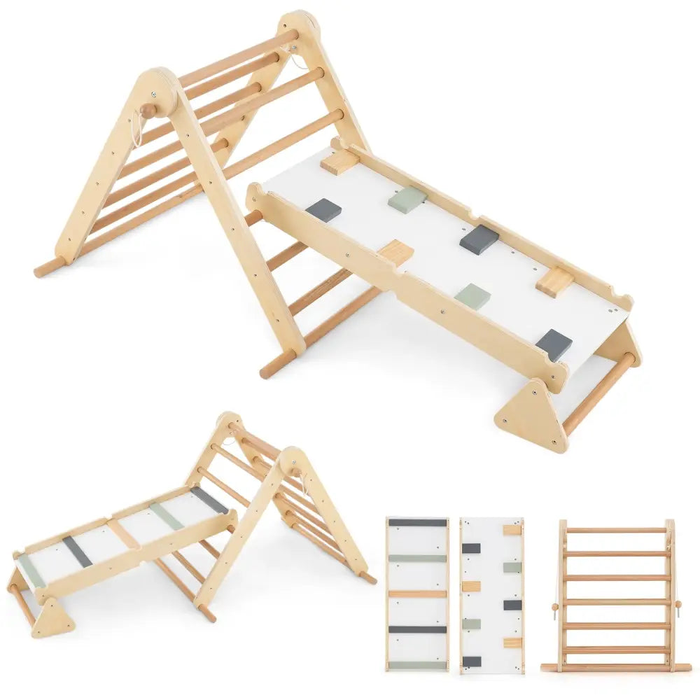 3-in-1 Pikler Triangle Climbing Set Kids Foldable Montessori Toys with Ramp-Natural - Natural - Climbers & Slides