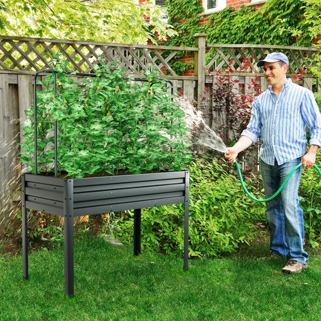 3-in-1 Raised Garden Bed with Greenhouse Cover and Trellis-Grey - Gray - Raised Garden Beds
