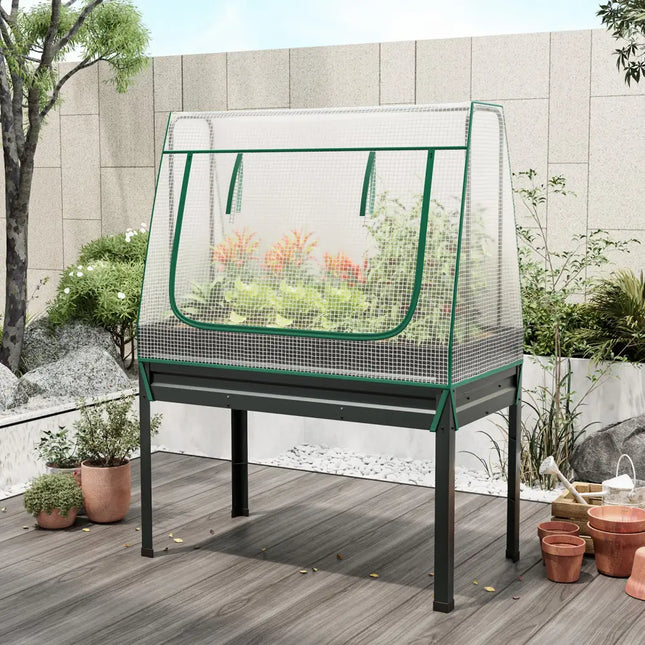 3-in-1 Raised Garden Bed with Greenhouse Cover and Trellis-Grey - Gray - Raised Garden Beds