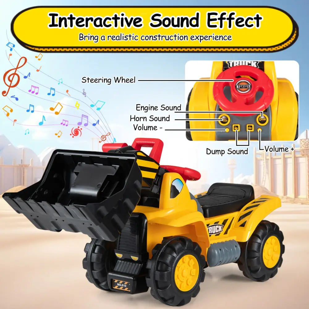 3-in-1 Ride on Excavator Bulldozer Detachable with Engine Sound and Helmet - Yellow - Push & Pedal Ride On Toys