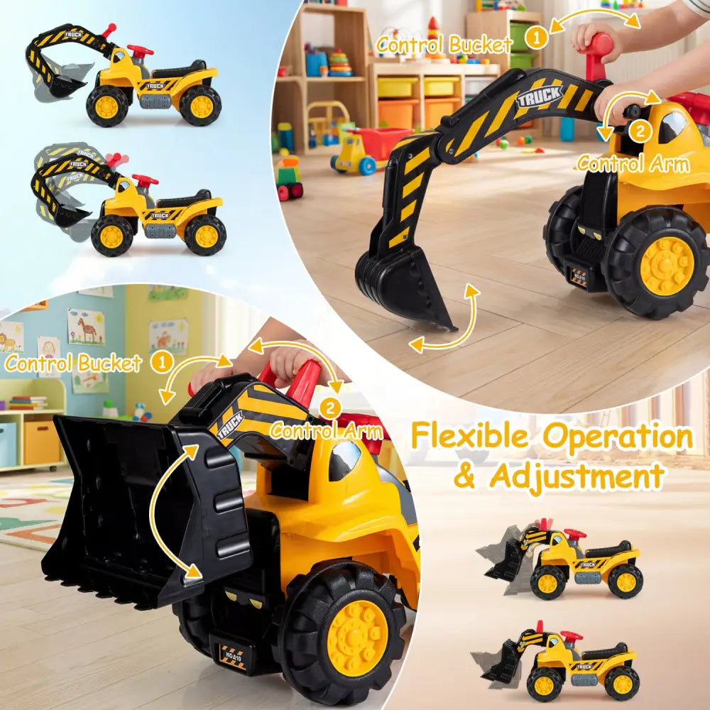 3-in-1 Ride on Excavator Bulldozer Detachable with Engine Sound and Helmet - Yellow - Push & Pedal Ride On Toys