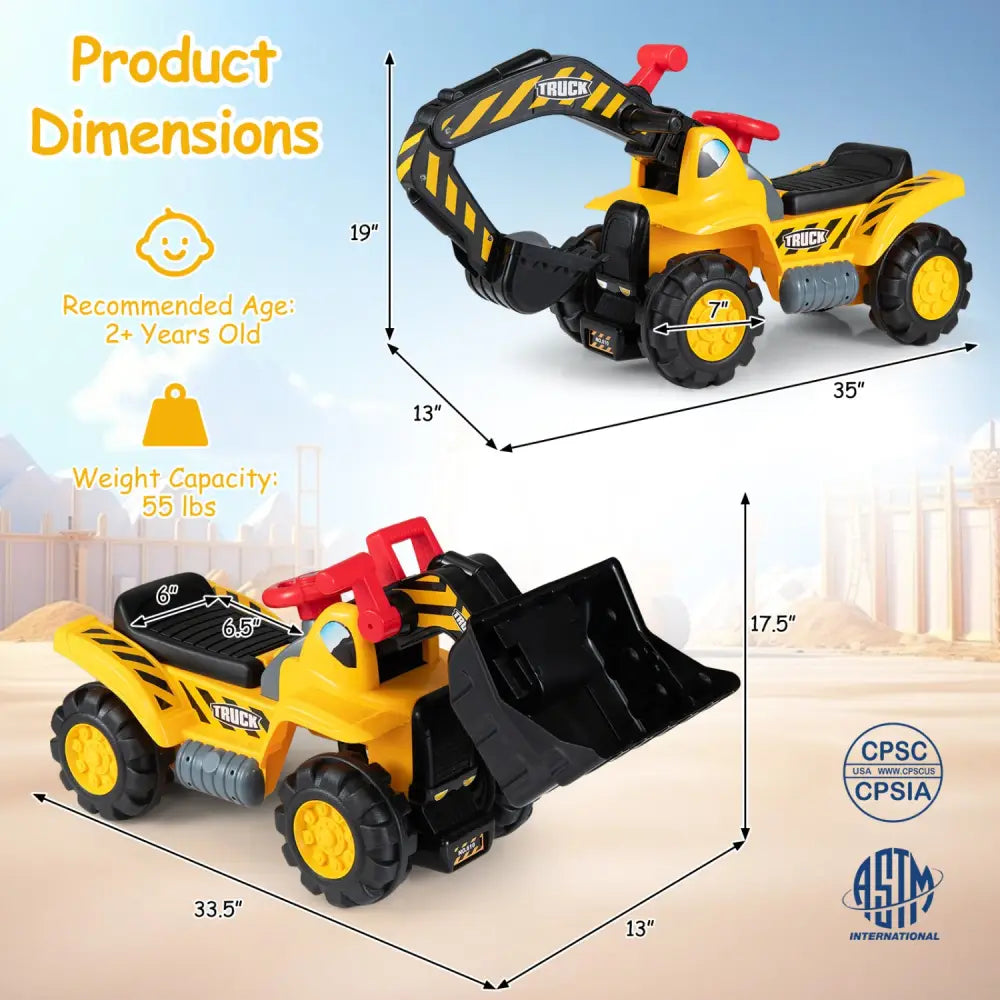 3-in-1 Ride on Excavator Bulldozer Detachable with Engine Sound and Helmet - Yellow - Push & Pedal Ride On Toys