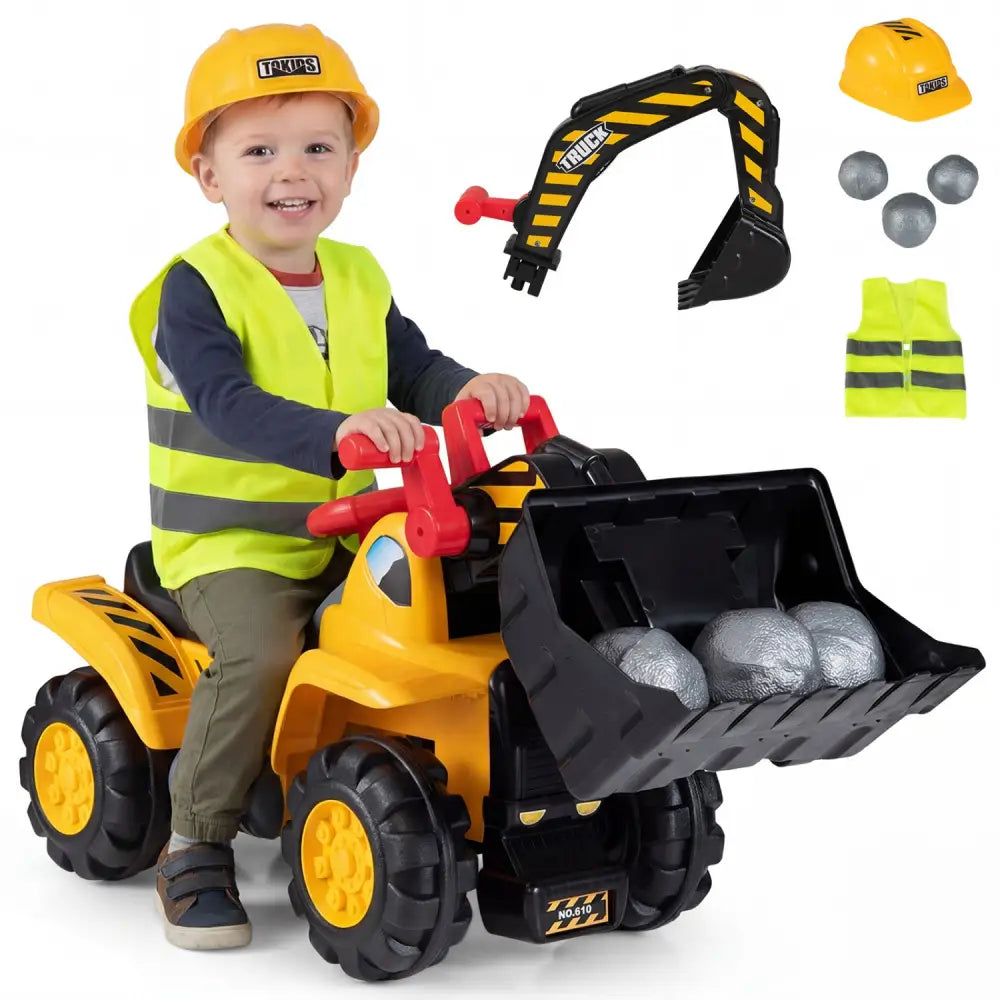 3-in-1 Ride on Excavator Bulldozer Detachable with Engine Sound and Helmet - Yellow - Push & Pedal Ride On Toys