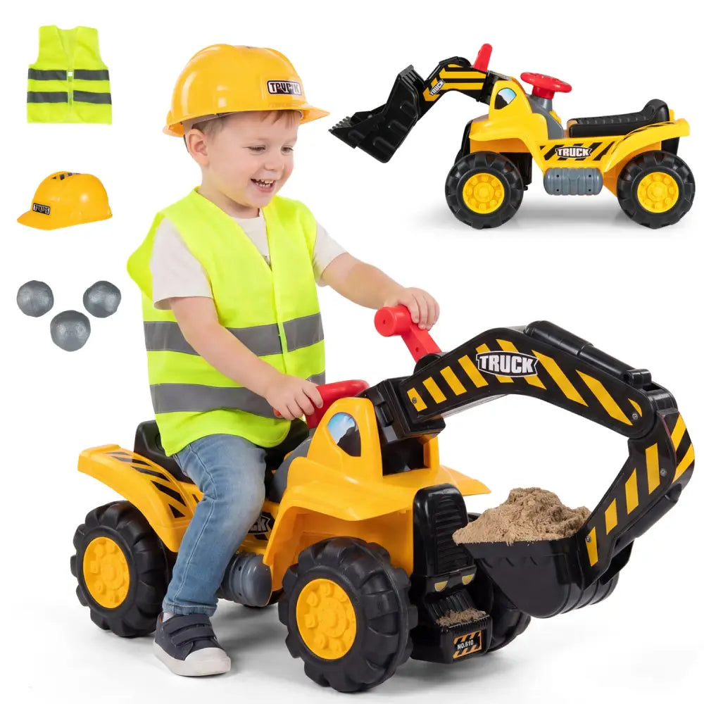 3-in-1 Ride on Excavator Bulldozer Detachable with Engine Sound and Helmet - Yellow - Push & Pedal Ride On Toys