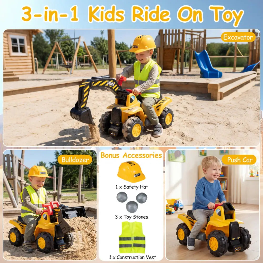 3-in-1 Ride on Excavator Bulldozer Detachable with Engine Sound and Helmet - Yellow - Push & Pedal Ride On Toys