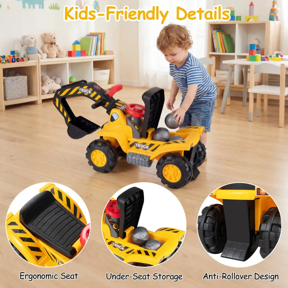 3-in-1 Ride on Excavator Bulldozer Detachable with Engine Sound and Helmet - Yellow - Push & Pedal Ride On Toys