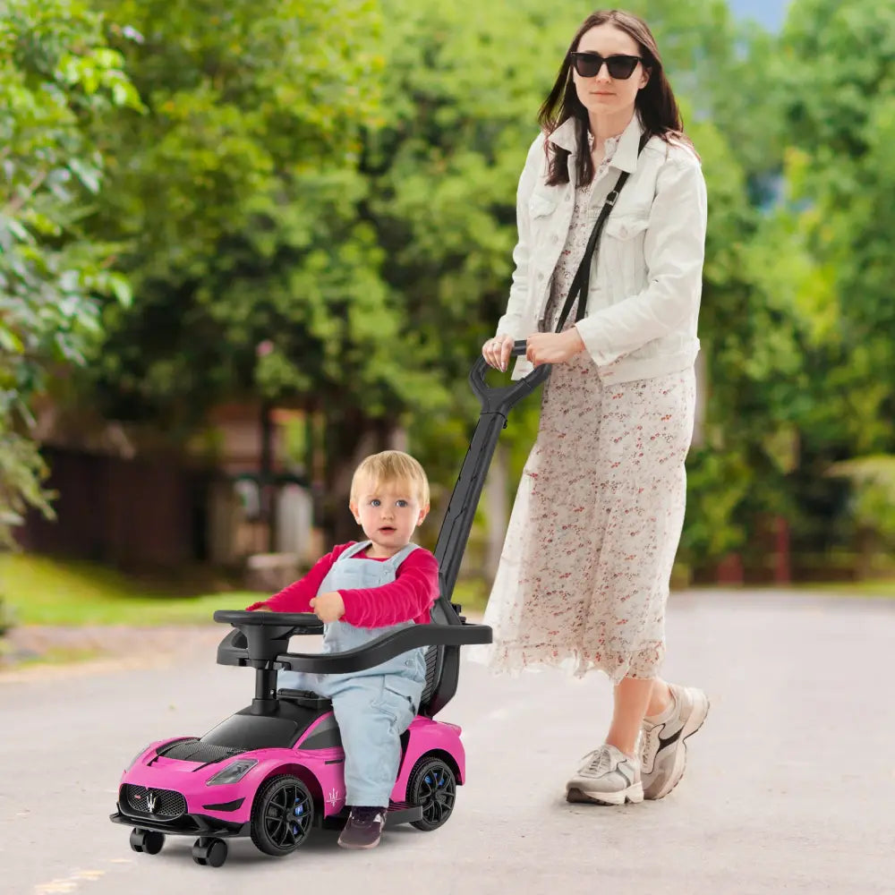 3-in-1 Ride on Push Car Maserati Licensed Sliding Car with Music-Pink - Pink - Push & Pedal Ride On Toys