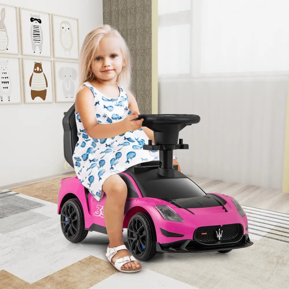 3-in-1 Ride on Push Car Maserati Licensed Sliding Car with Music-Pink - Pink - Push & Pedal Ride On Toys