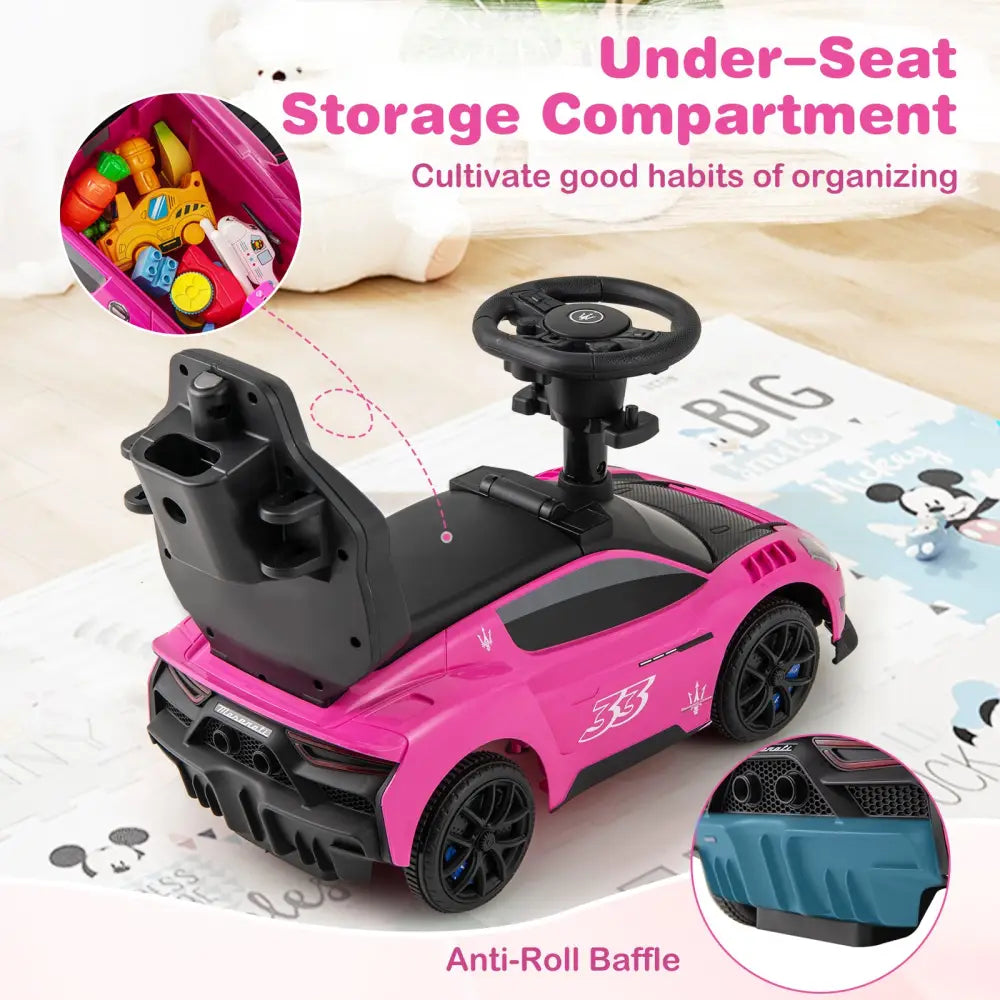 3-in-1 Ride on Push Car Maserati Licensed Sliding Car with Music-Pink - Pink - Push & Pedal Ride On Toys