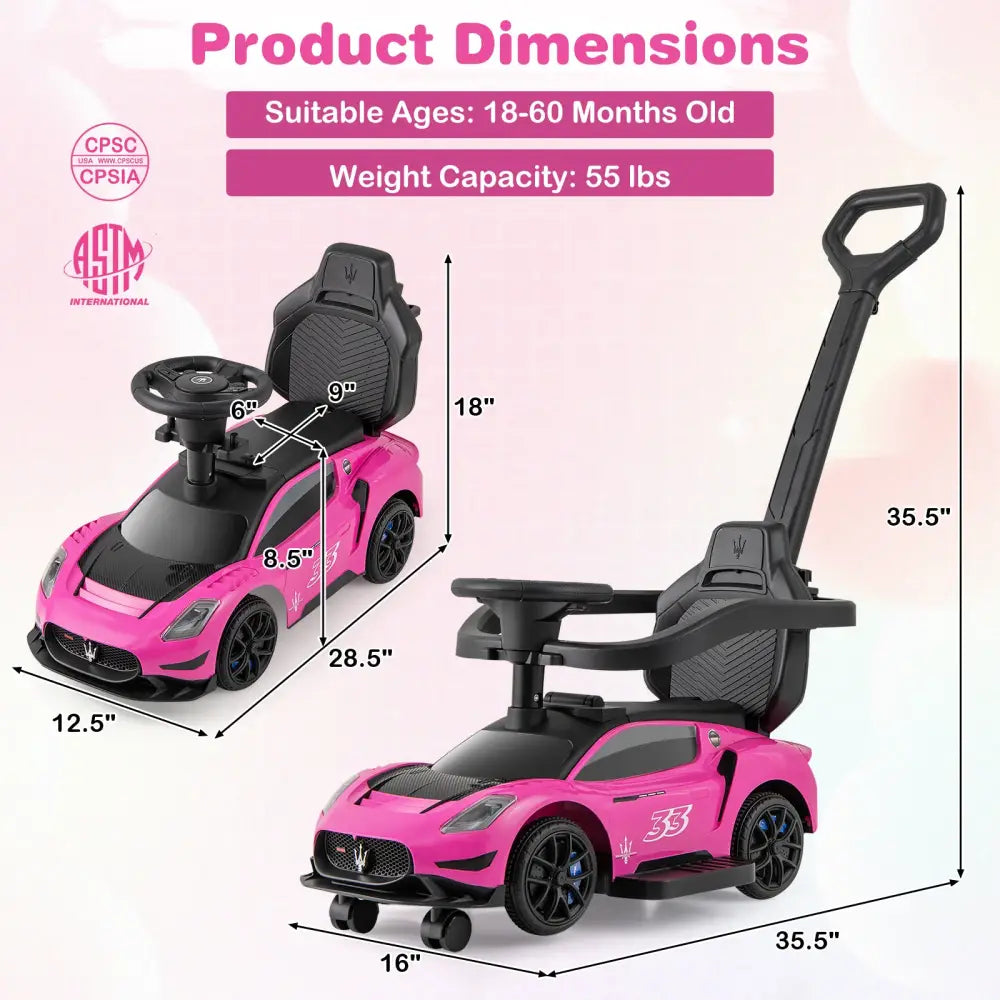 3-in-1 Ride on Push Car Maserati Licensed Sliding Car with Music-Pink - Pink - Push & Pedal Ride On Toys