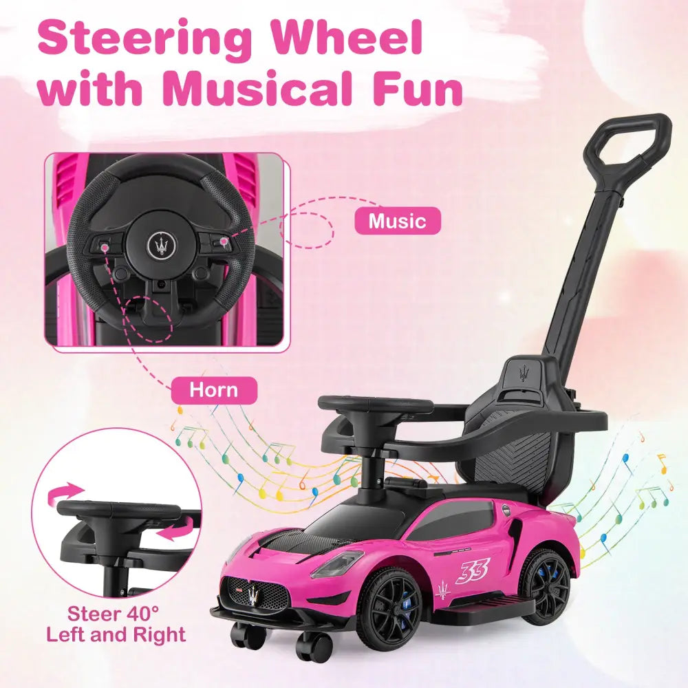 3-in-1 Ride on Push Car Maserati Licensed Sliding Car with Music-Pink - Pink - Push & Pedal Ride On Toys
