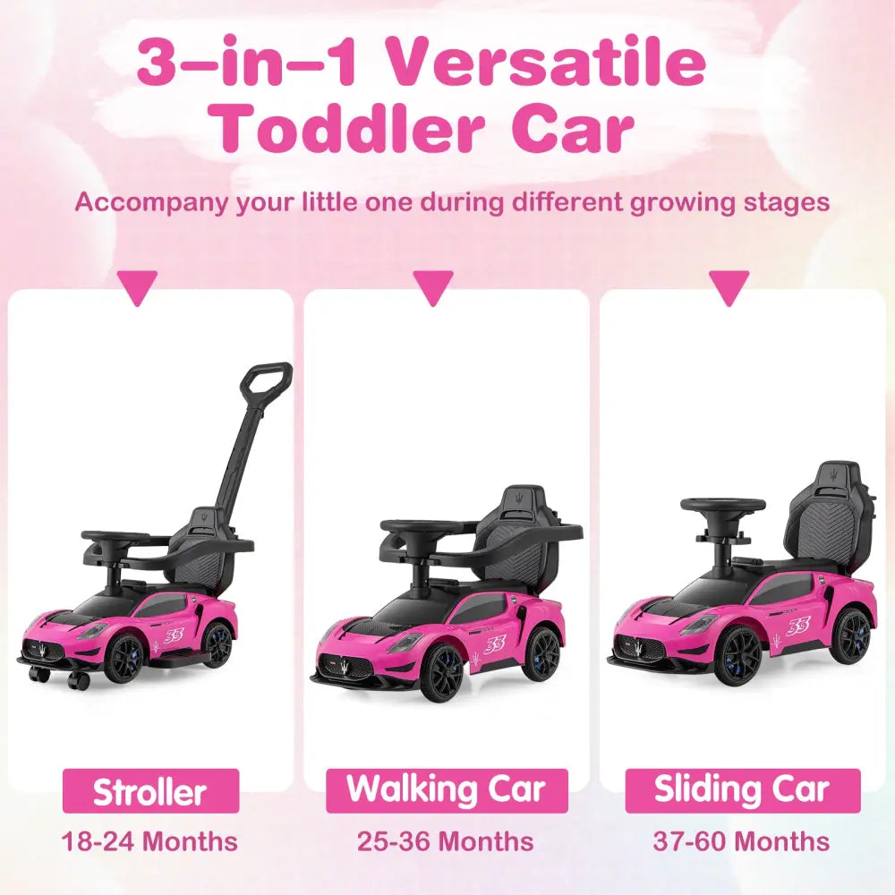 3-in-1 Ride on Push Car Maserati Licensed Sliding Car with Music-Pink - Pink - Push & Pedal Ride On Toys