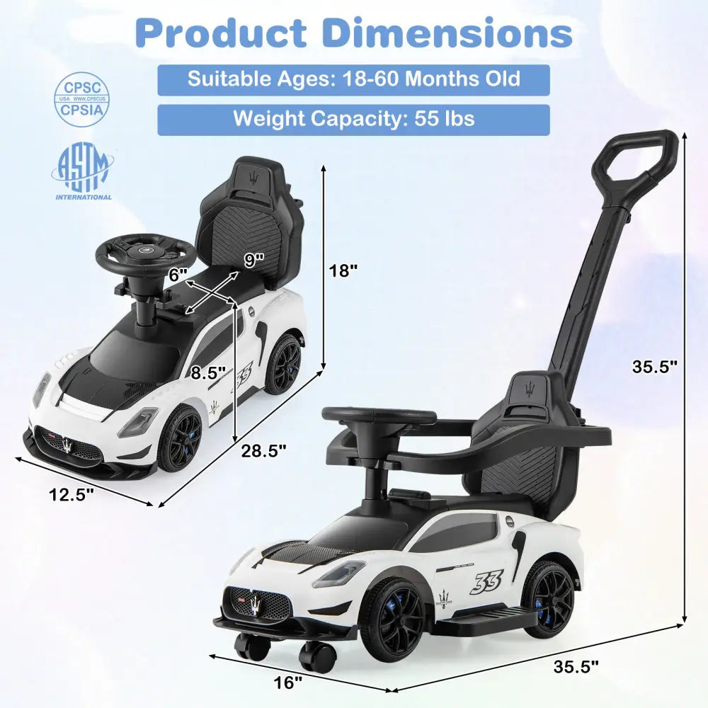 3-in-1 Ride on Push Car Maserati Licensed Sliding Car with Music-White - White - Push & Pedal Ride On Toys