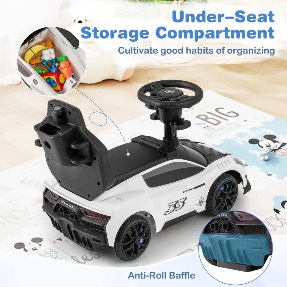 3-in-1 Ride on Push Car Maserati Licensed Sliding Car with Music-White - White - Push & Pedal Ride On Toys